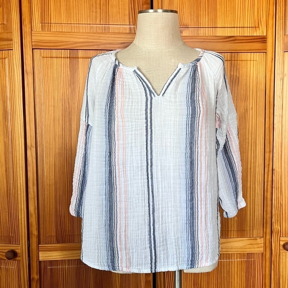 Beach Lunch Lounge Medium Cotton Pastel Stripe Neutral Shirt Coastal Casual Soft - Picture 2 of 9